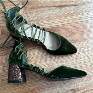 Green velvet lace up block heels with copper glitter block heels